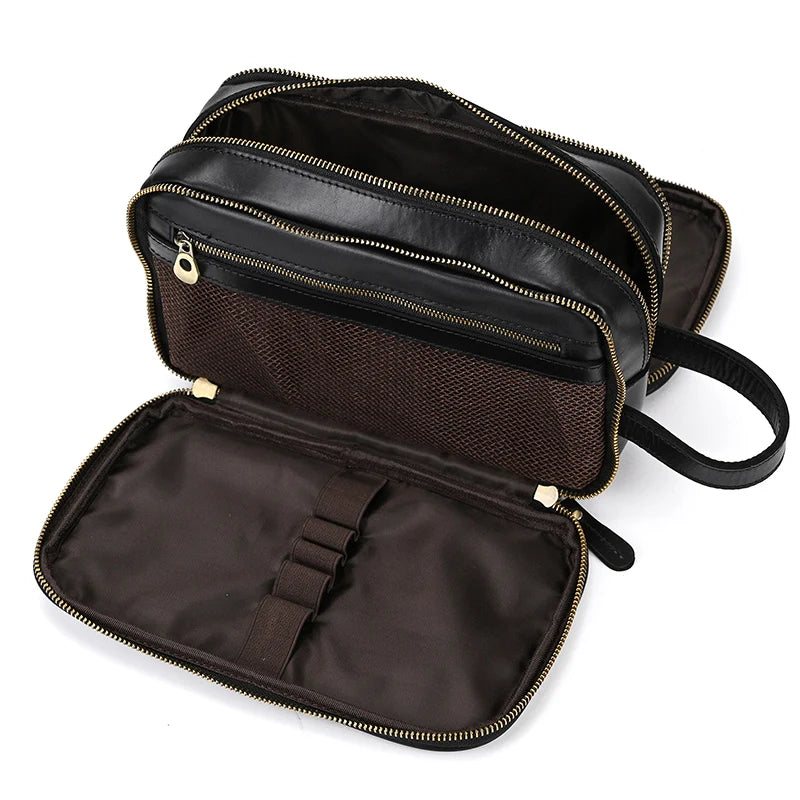 Cowhide Toiletry Bag Men Leather Cosmetic Bag Man Woman Wash Bag Storage Bags Genuine Leather Handbag For Make Up Dopp Kit Male