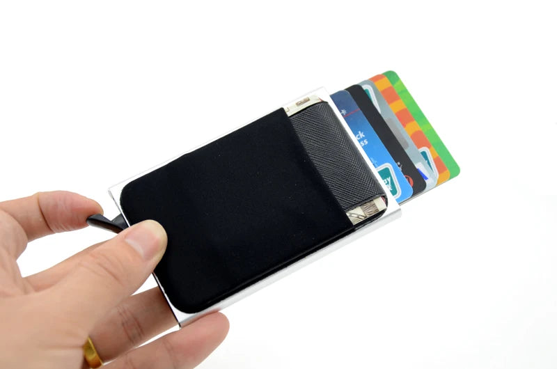 Slim Aluminum Card Wallet With Elasticity Back Pouch ID Credit Card Holder Mini RFID Wallet Automatic Pop up Bank Card Case