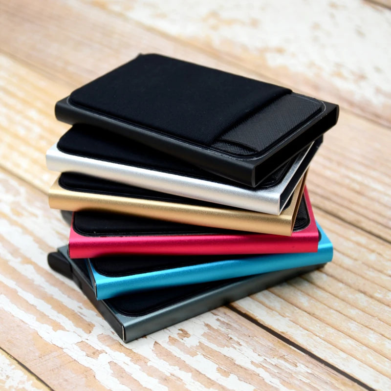 Slim Aluminum Card Wallet With Elasticity Back Pouch ID Credit Card Holder Mini RFID Wallet Automatic Pop up Bank Card Case