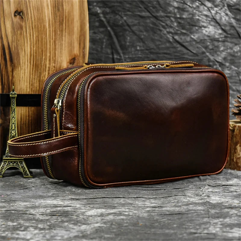 Cowhide Toiletry Bag Men Leather Cosmetic Bag Man Woman Wash Bag Storage Bags Genuine Leather Handbag For Make Up Dopp Kit Male