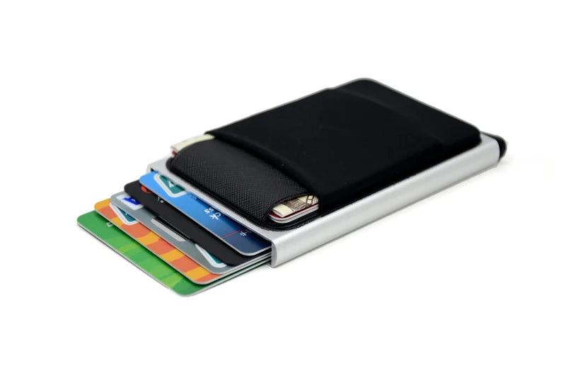 Slim Aluminum Card Wallet With Elasticity Back Pouch ID Credit Card Holder Mini RFID Wallet Automatic Pop up Bank Card Case