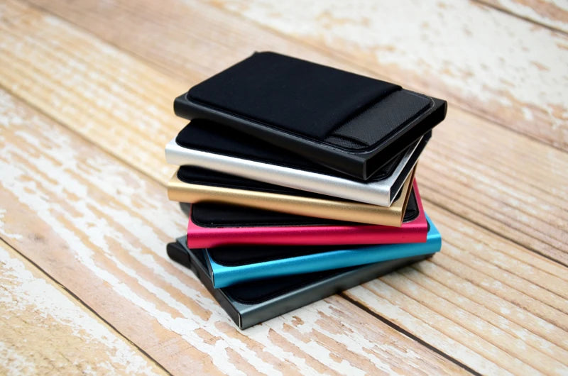 Slim Aluminum Card Wallet With Elasticity Back Pouch ID Credit Card Holder Mini RFID Wallet Automatic Pop up Bank Card Case