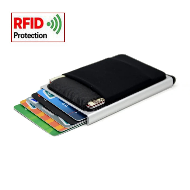 Slim Aluminum Card Wallet With Elasticity Back Pouch ID Credit Card Holder Mini RFID Wallet Automatic Pop up Bank Card Case