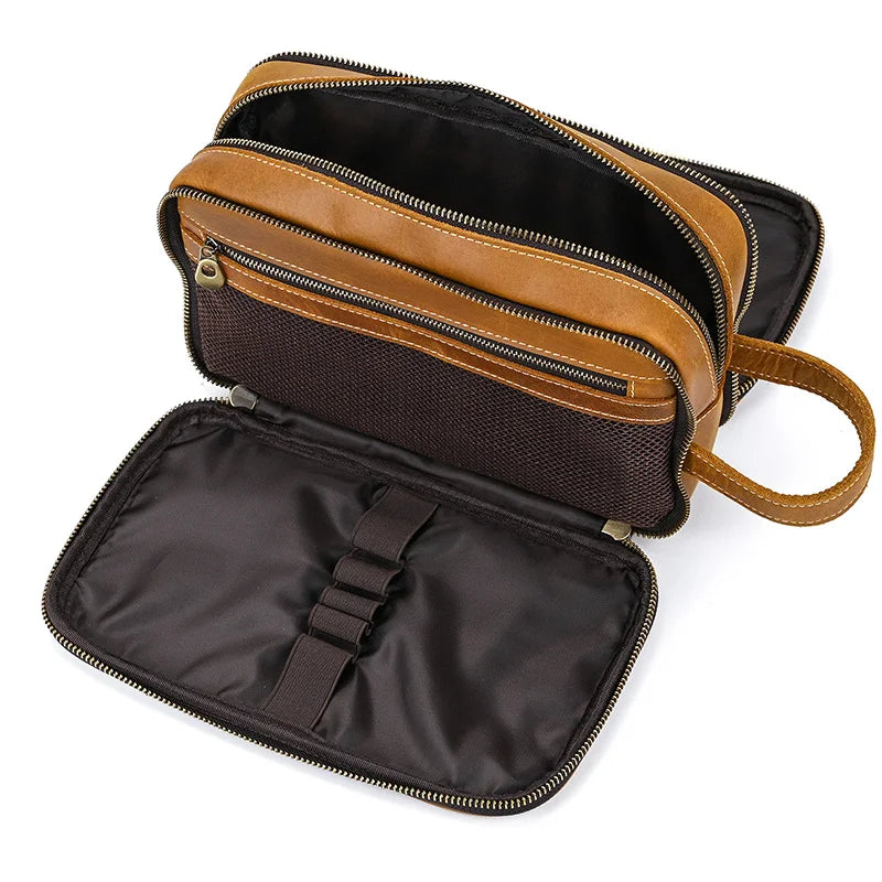 Cowhide Toiletry Bag Men Leather Cosmetic Bag Man Woman Wash Bag Storage Bags Genuine Leather Handbag For Make Up Dopp Kit Male