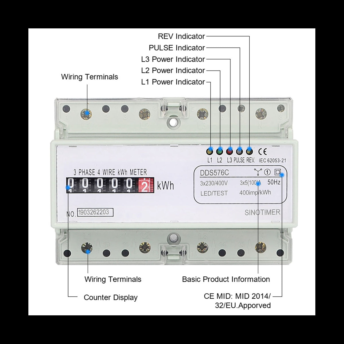 Three Phase 4 Wires Digital Power Electric Electricity Meter KWh Power Consumption Monitor DIN Rail Mount AC 380V 400V B