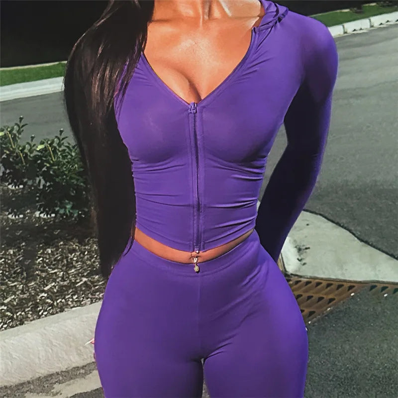 Joskaa Casual Sporty 2 Piece Set Women Long Sleeve Hooded Zip Crop Tops and Leggings Matching Fitness Tracksuits Streetwear