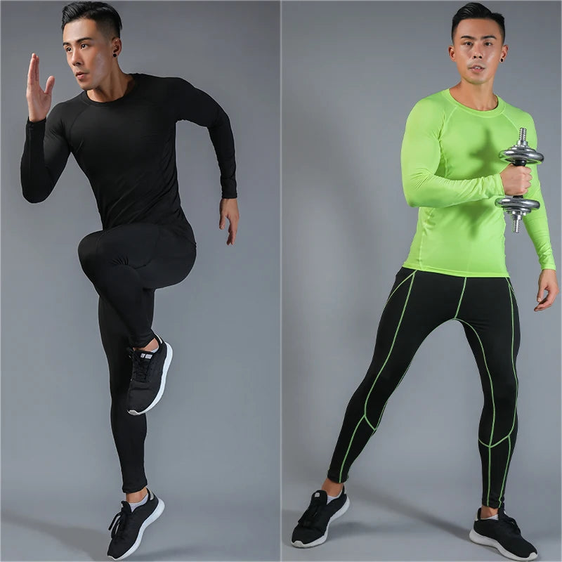 Mens Compression Set Long Sleeve Shirt and Pants Quick Dry Gym Workout Tights Running Basketball Athletic Tights Bottom 710+705