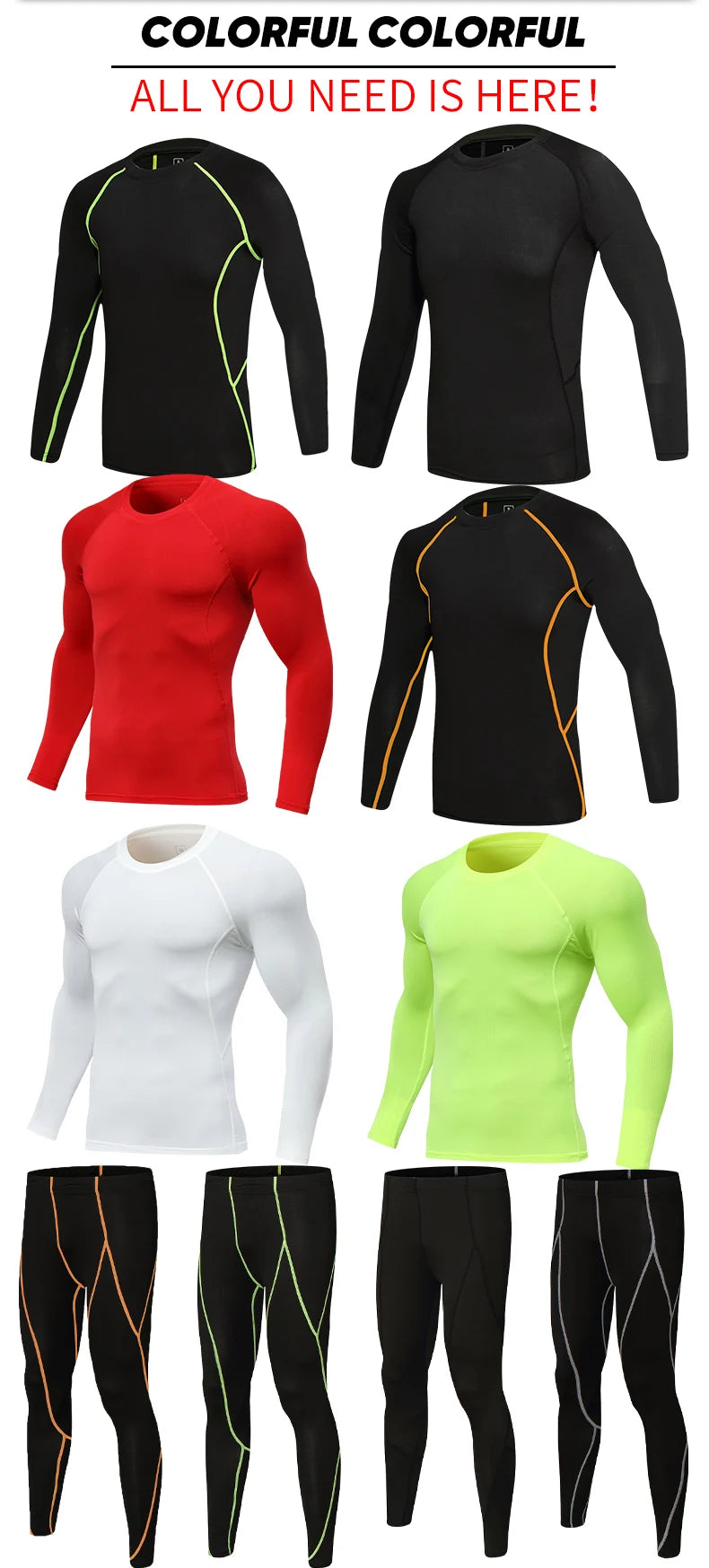 Mens Compression Set Long Sleeve Shirt and Pants Quick Dry Gym Workout Tights Running Basketball Athletic Tights Bottom 710+705