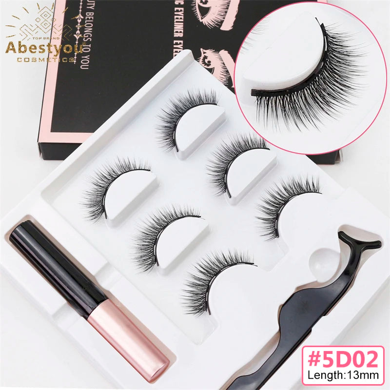 Abestyou Makeup Set 3d 3pairs Reusable Natural Fulffy Lashes Non Glue Magnetic Eyelashes Eyeliner Kit Makyaj Aletleri Faux Cil