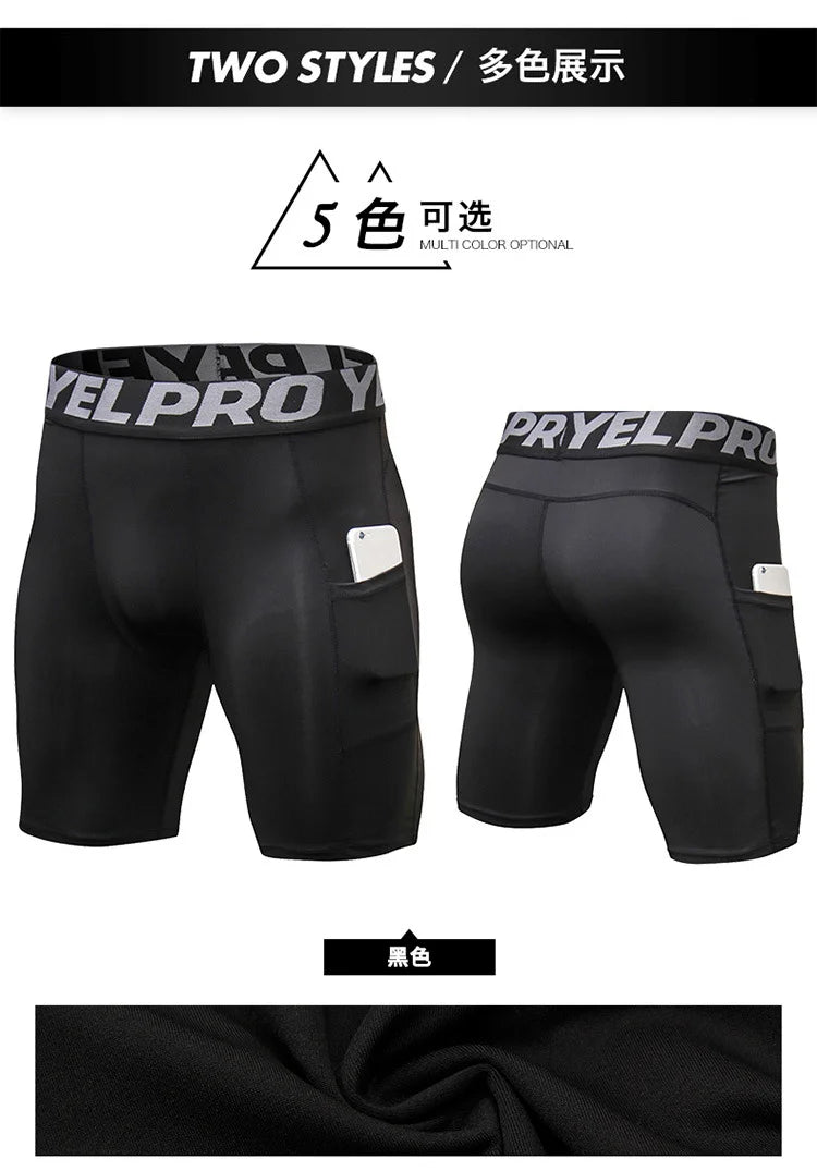 Men Compression Sports Tights Shorts With Pockets Outdoor Fitness Workout Running Underwear Athletic Gym Training Pants Leggings