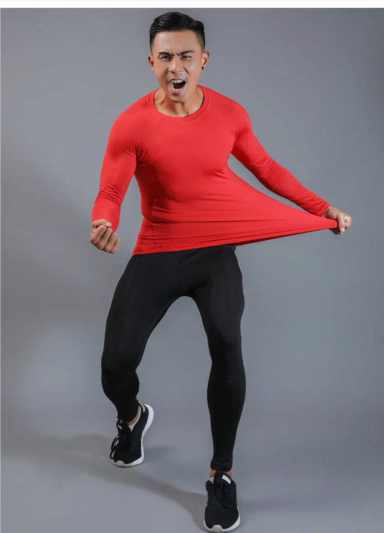 Mens Compression Set Long Sleeve Shirt and Pants Quick Dry Gym Workout Tights Running Basketball Athletic Tights Bottom 710+705