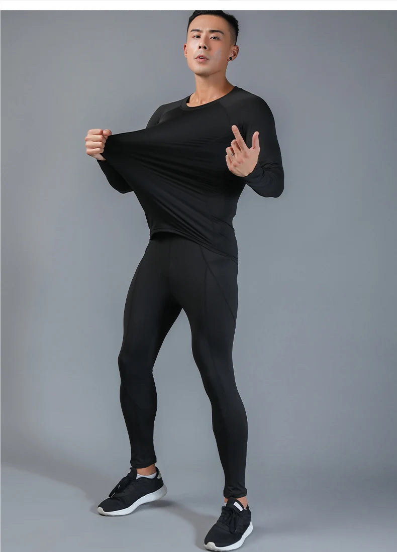 Mens Compression Set Long Sleeve Shirt and Pants Quick Dry Gym Workout Tights Running Basketball Athletic Tights Bottom 710+705