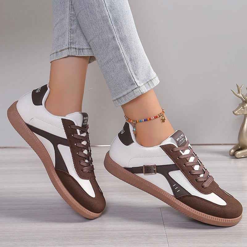 Lucyever Patchwork Flat Sole Sneakers for Women 2024 New Lace Up Casual Sports Shoes Woman Retro Soft Sole German Training Shoes