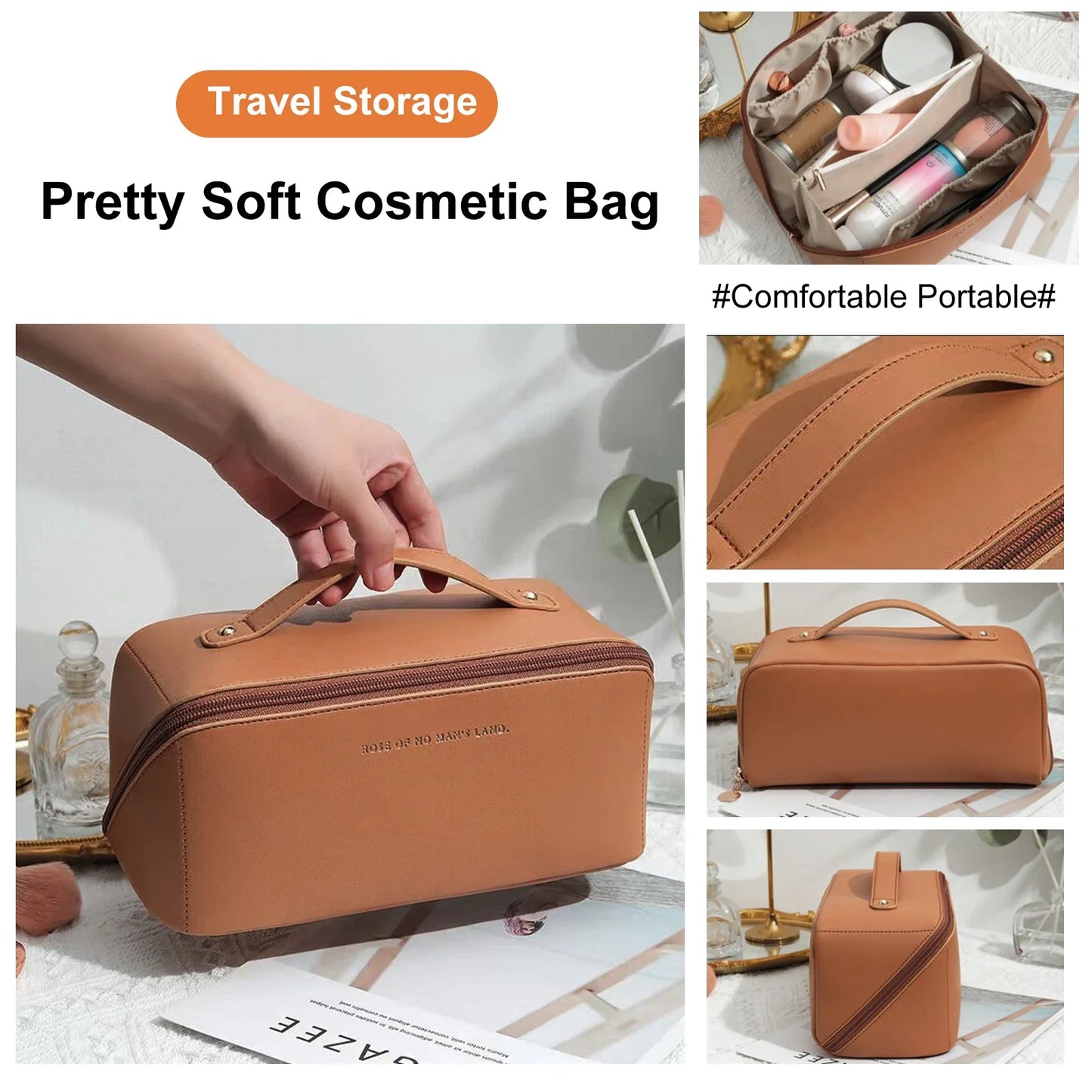 Large travel cosmetic bag women's leather hand-held cosmetic bag travel large-capacity cosmetic bag women's cosmetic kit