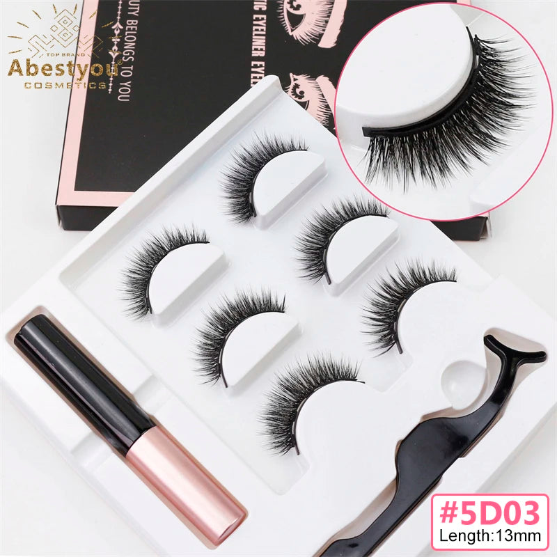 Abestyou Makeup Set 3d 3pairs Reusable Natural Fulffy Lashes Non Glue Magnetic Eyelashes Eyeliner Kit Makyaj Aletleri Faux Cil