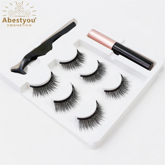 Abestyou Makeup Set 3d 3pairs Reusable Natural Fulffy Lashes Non Glue Magnetic Eyelashes Eyeliner Kit Makyaj Aletleri Faux Cil