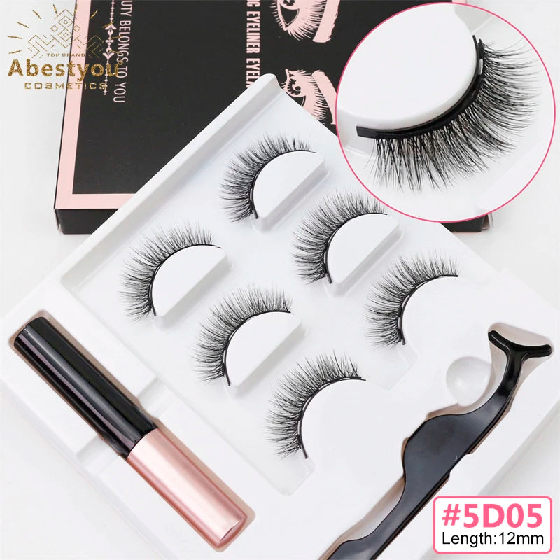 Abestyou Makeup Set 3d 3pairs Reusable Natural Fulffy Lashes Non Glue Magnetic Eyelashes Eyeliner Kit Makyaj Aletleri Faux Cil