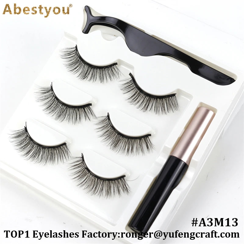 Abestyou Makeup Set 3d 3pairs Reusable Natural Fulffy Lashes Non Glue Magnetic Eyelashes Eyeliner Kit Makyaj Aletleri Faux Cil