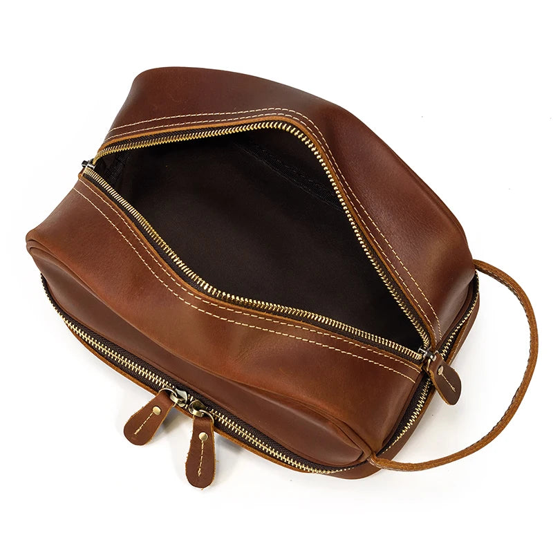 Cowhide Toiletry Bag Men Leather Cosmetic Bag Man Woman Wash Bag Storage Bags Genuine Leather Handbag For Make Up Dopp Kit Male