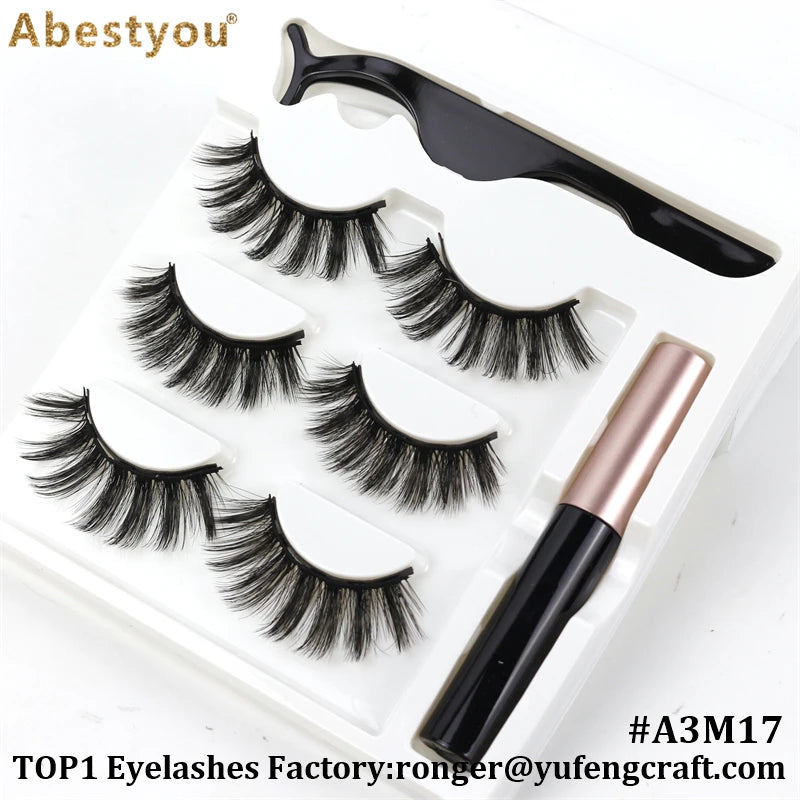 Abestyou Makeup Set 3d 3pairs Reusable Natural Fulffy Lashes Non Glue Magnetic Eyelashes Eyeliner Kit Makyaj Aletleri Faux Cil