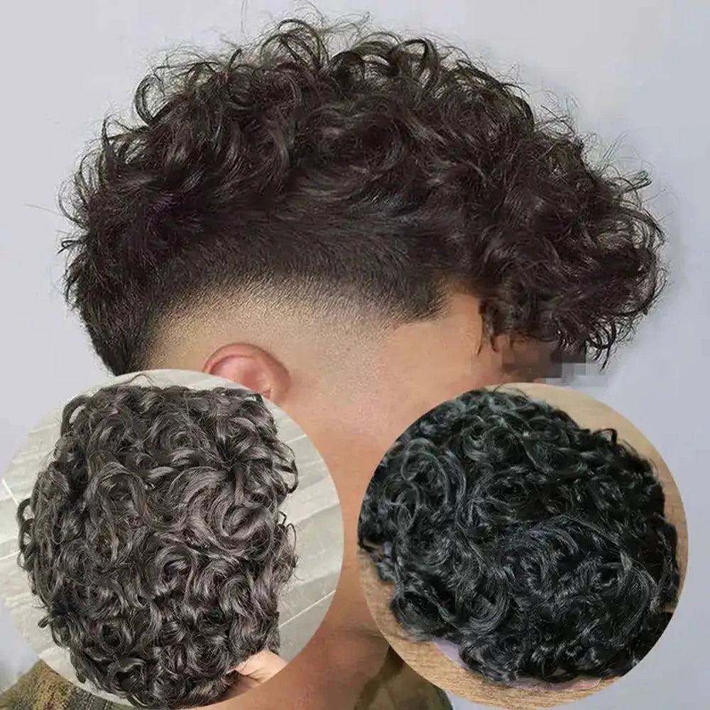 Natural Hairline 100% Remy Human Hair 20mm Curly Men's Toupee Wig Skin Base Grey Man Hairpiece Replacement System Prosthesis