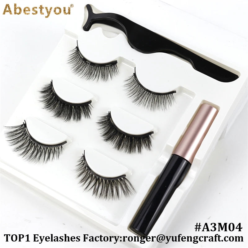 Abestyou Makeup Set 3d 3pairs Reusable Natural Fulffy Lashes Non Glue Magnetic Eyelashes Eyeliner Kit Makyaj Aletleri Faux Cil