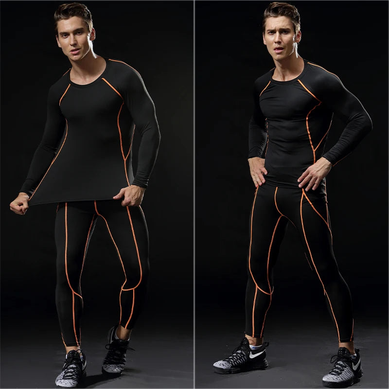 Mens Compression Set Long Sleeve Shirt and Pants Quick Dry Gym Workout Tights Running Basketball Athletic Tights Bottom 710+705