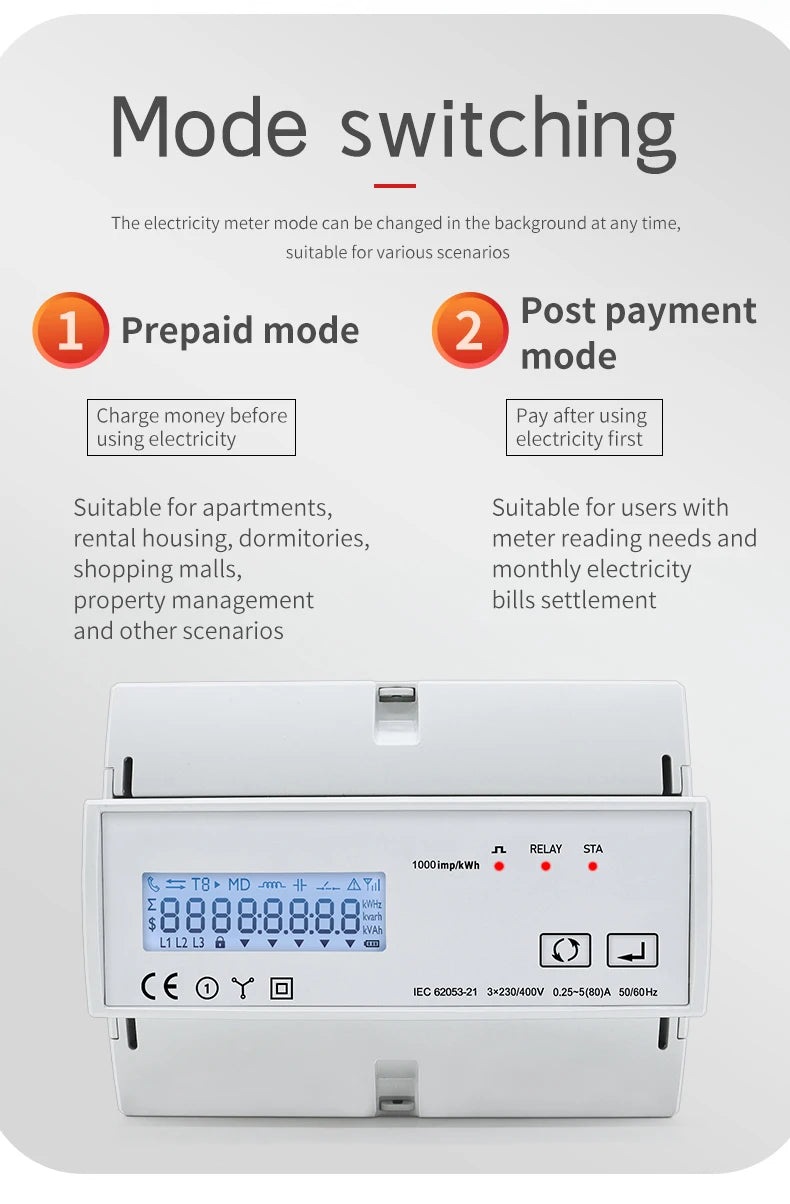 230VAC LCD 3 Phase WiFi Remote Prepaid Smart Electricity Meter Tuya APP RS485 Consumption For Solar PV Systems