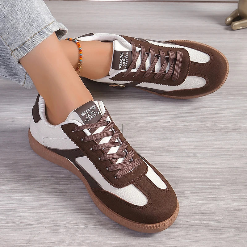 Lucyever Patchwork Flat Sole Sneakers for Women 2024 New Lace Up Casual Sports Shoes Woman Retro Soft Sole German Training Shoes