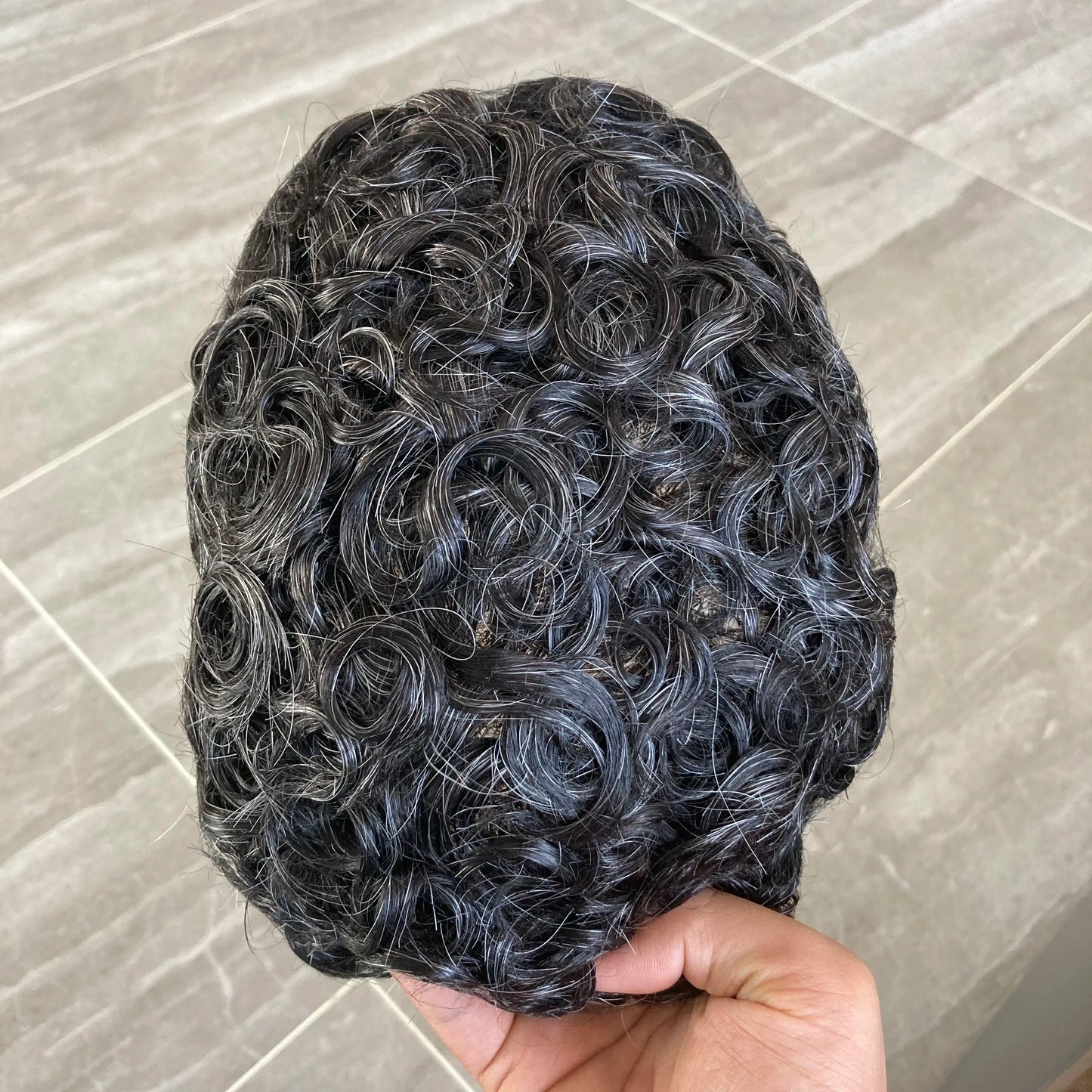 Natural Hairline 100% Remy Human Hair 20mm Curly Men's Toupee Wig Skin Base Grey Man Hairpiece Replacement System Prosthesis