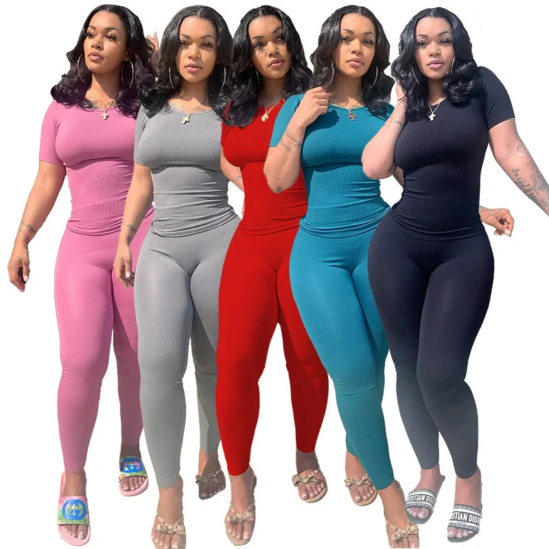 High Stretch Women Sets Casual Short Sleeve Tees Hip Push Leegings Fitness Sport Leggings Basic Elastic Slim Undershirts Gray