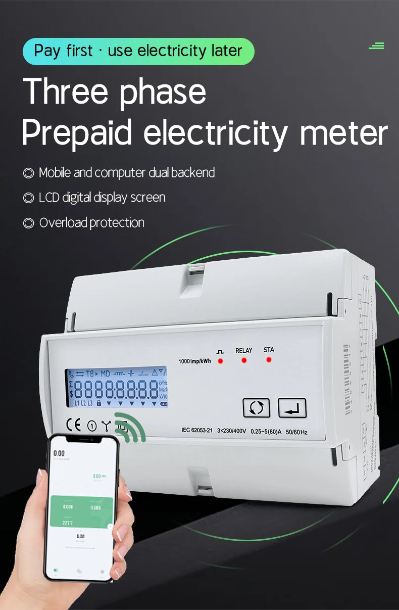 230VAC LCD 3 Phase WiFi Remote Prepaid Smart Electricity Meter Tuya APP RS485 Consumption For Solar PV Systems