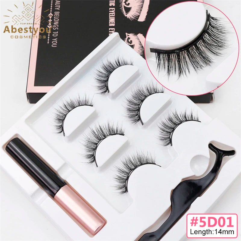 Abestyou Makeup Set 3d 3pairs Reusable Natural Fulffy Lashes Non Glue Magnetic Eyelashes Eyeliner Kit Makyaj Aletleri Faux Cil