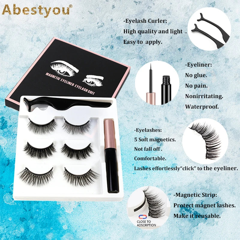 Abestyou Makeup Set 3d 3pairs Reusable Natural Fulffy Lashes Non Glue Magnetic Eyelashes Eyeliner Kit Makyaj Aletleri Faux Cil