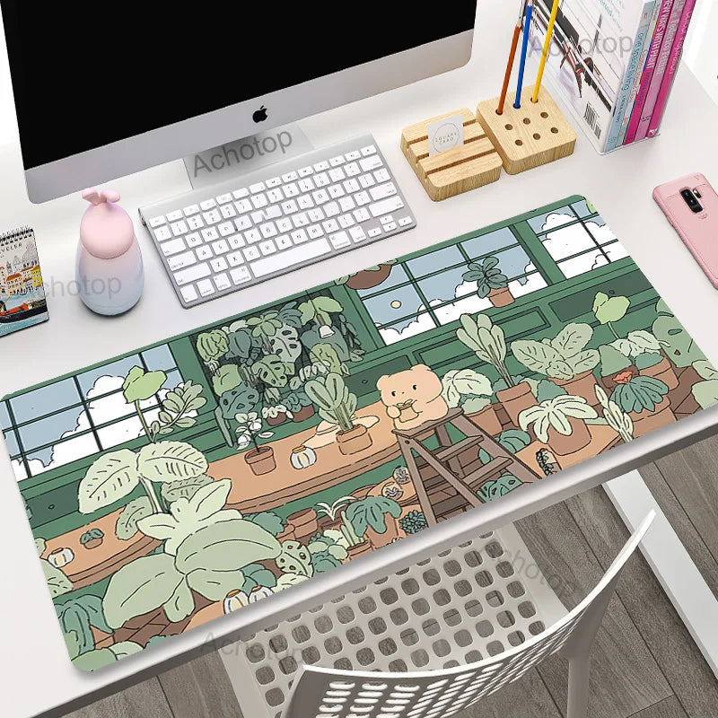 Green Plant Large Gaming Mousepad XXL Gamer Mouse Pad Size For Office Long Table Mat Kawaii Desk For Teen Girls For Bedroom