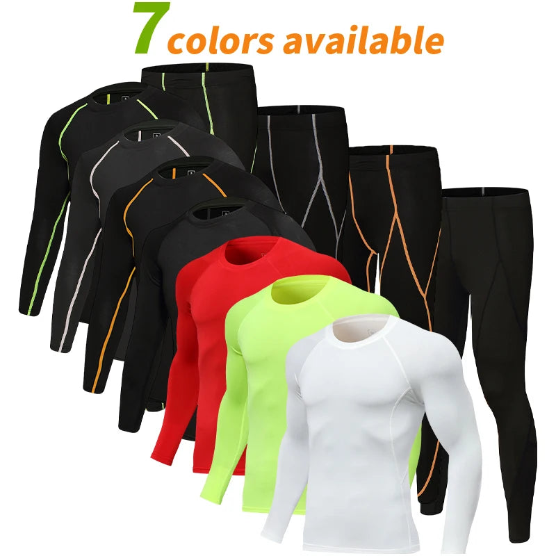 Mens Compression Set Long Sleeve Shirt and Pants Quick Dry Gym Workout Tights Running Basketball Athletic Tights Bottom 710+705