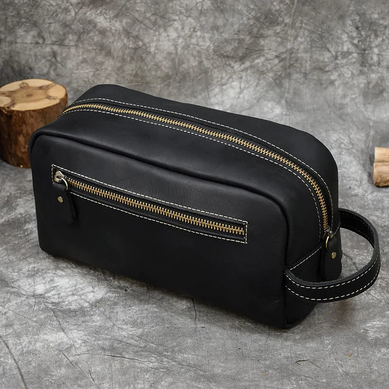 Cowhide Toiletry Bag Men Leather Cosmetic Bag Man Woman Wash Bag Storage Bags Genuine Leather Handbag For Make Up Dopp Kit Male