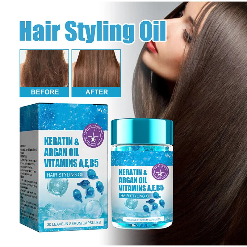 Keratin & Argan Oil Vitmins Haircare Essence 30PCS Damaged Hair Repair Hair Care Capsule Portable Dry Smooth Hair Care Products