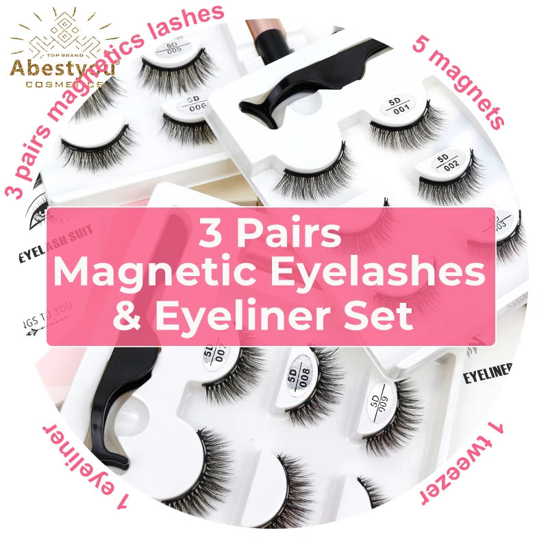 Abestyou Makeup Set 3d 3pairs Reusable Natural Fulffy Lashes Non Glue Magnetic Eyelashes Eyeliner Kit Makyaj Aletleri Faux Cil